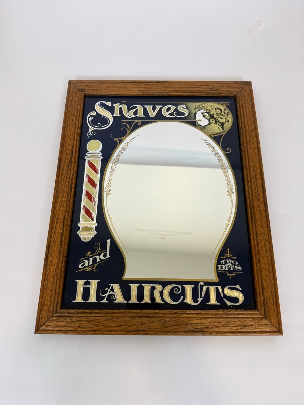 Vintage 'Shaves and Haircuts' Wall Mirror - Navy & Gold